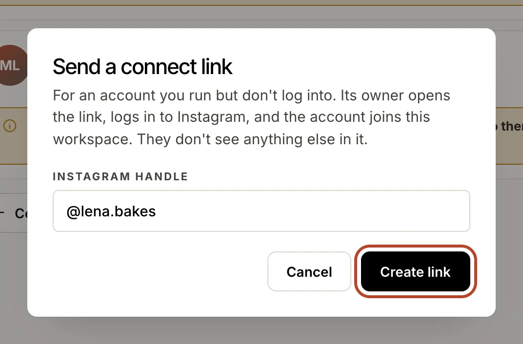 The Send a connect link dialog with @lena.bakes typed in the Instagram handle field and the Create link button outlined.
