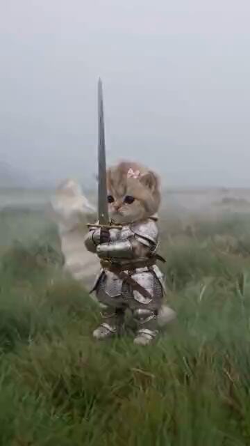 A cat in knight's armour standing in misty grass