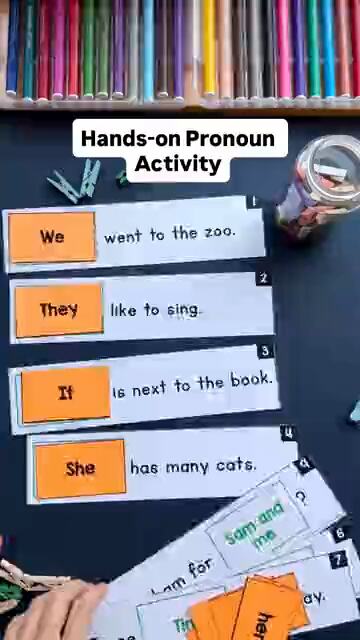 A hands-on classroom grammar activity laid out in coloured cards